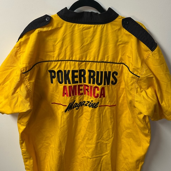 Y2K POKER RUNS AMERICA men's yellow black embroidered button down shirt, XL. - Picture 6 of 8